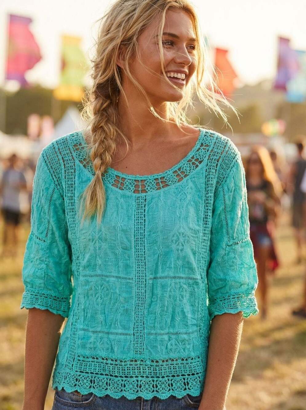 Democracy Crochet Trim 3/4 Flutter Sleeve Cotton Blouse in Teal - Picture 2 of 9